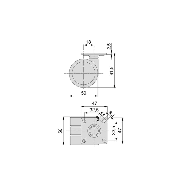 Lot von 4 Rollen Bowl 2 Montageplatte, Durchmesser 50mm, Stahl Kunststoff