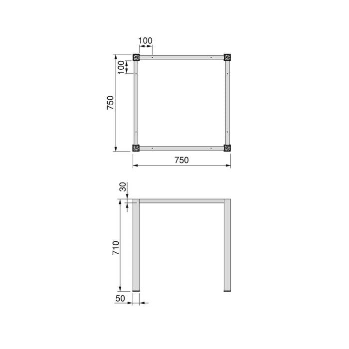 Quadratische Tischbeine Tischrahmen, 50x50mm, 750x750mm, Stahl, Schwarz lackiert