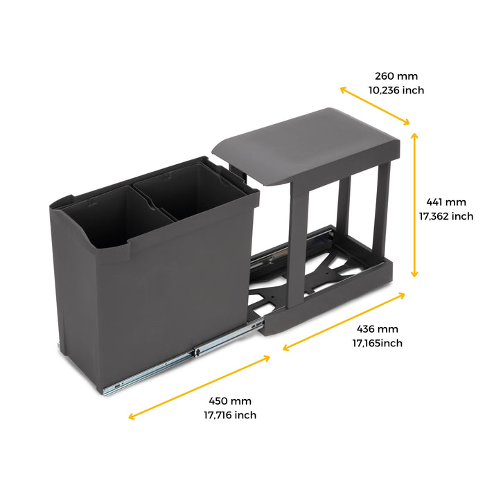 Recyclingbehälter Küche, 2 x 14 Liter, Unterseitigbefeistigung automatische Extraktion, Stahl Kunststoff, Anthrazitgrauer