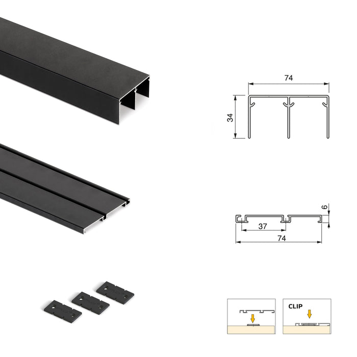 Set aus Hardware set Placard 74 2-Schiebe-Kleiderschrank sanftem Schliessen, Profil Sharp, Stärke 16mm, ohne Paneele, Schwarz lackiert