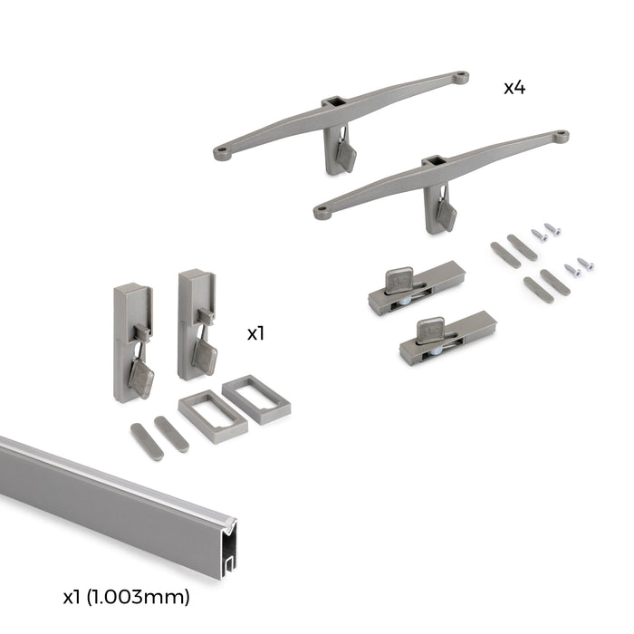 Set aus Bracket set 4 Holzböden 1 Hängestange 1m lang Zero, Aluminium Zamak Kunststoff, Steingrau lackiert