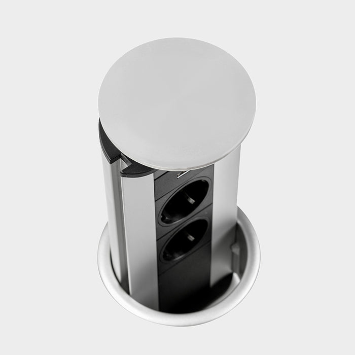 abnehmbarer Multistecker Port USB, Durchmesser 100mm, 2 Schuko-Stecker, 1 USB Typ A, Kunststoff Aluminium, Metallic Grau