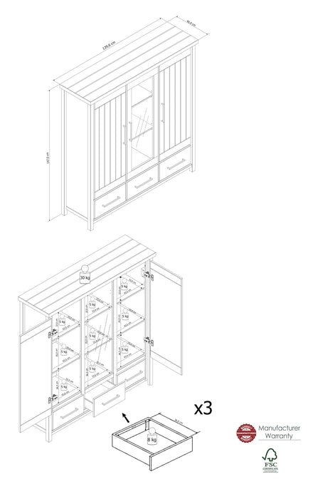 Hometrend | Miami 081-01 Highboard | Kiefer massiv weiss Absetzung grau gebürstet