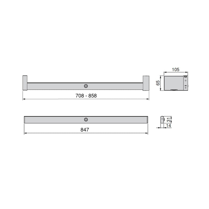 Garderobenstange LED-Licht Castor Bewegungssensor, L858mm, Kunststoff Aluminium, Metallic grau