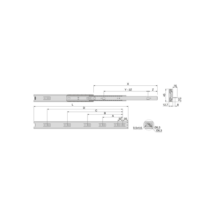 Satz kugelgelagerter Korpusschienen Schubladen Vollauszug Klammern, H 45mm, L 500mm, Stahl, Verzinkt