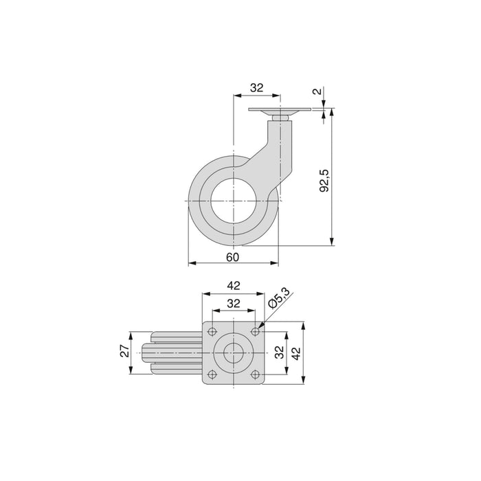 Lot von 4 Rollen Hole 2 Montageplatte, Durchmesser 60mm, Stahl Kunststoff, Kunststoff grau