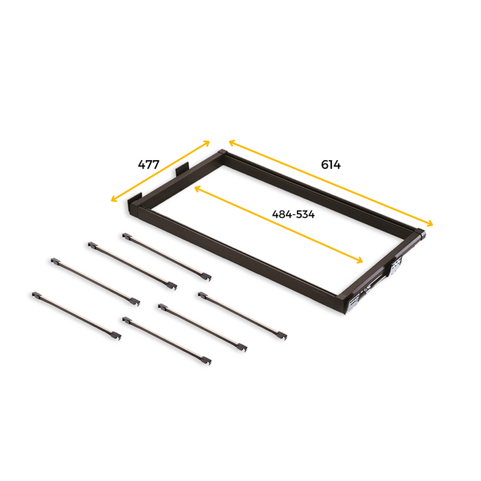 Set aus 7 Hosenträgern Gleitrahmen Mokkaschränke, sanftes Schließen, verstellbar, Modul 600mm, Aluminium Stahl, Farbe moka