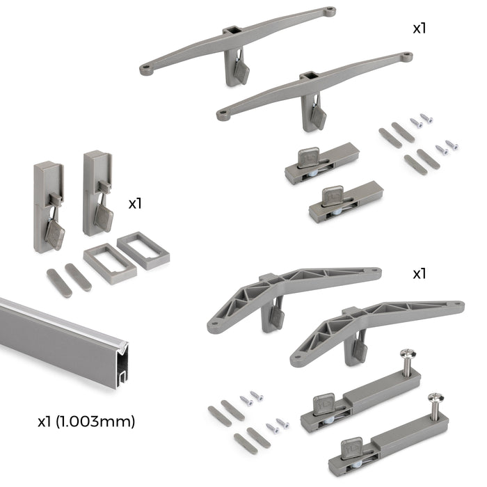 Set aus Bracket set 1 Holzregal, 1 Modul 1 Aufhängestange L 1m Zero, Zamak, Farbe Steingrau lackiert