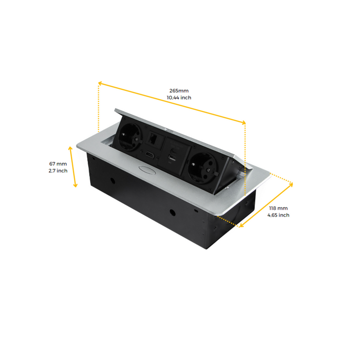 Multistecker Atom 26, 225x111mm, 2 Schuko-Stecker, 1 USB Typ A, 1 USB Typ C, 1 RJ45, 1 HDMI, Zamak-Stahl-Kunststoff, Weiß