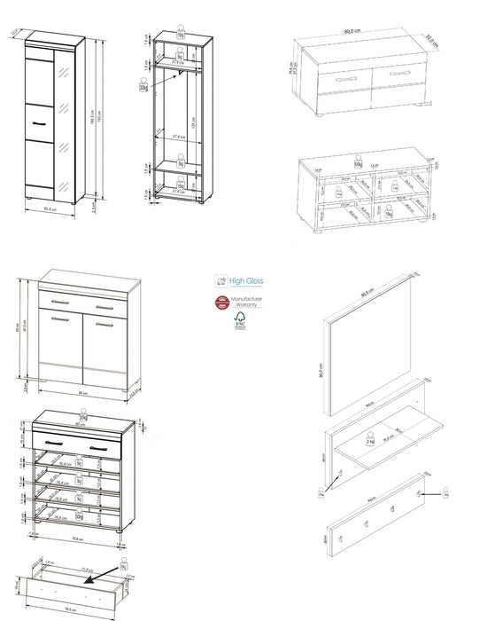 Hometrend | LIRO VA Garderoben Set 5-teilig Front:Weiß MDF HG TG mit Spiegel/Korpus:Dekor Artisan Eiche