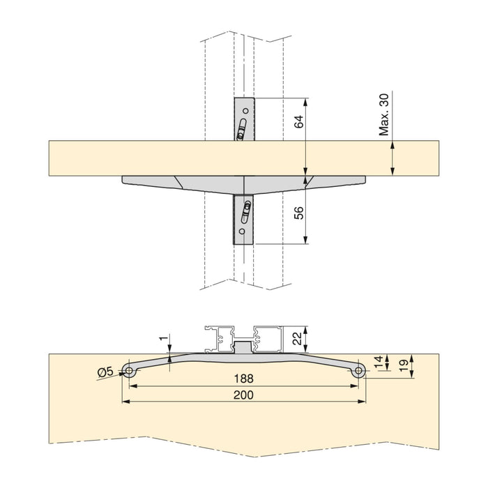 Set aus Bracket set 1 Holzregal, 1 Modul 1 Aufhängestange L 1m Zero, Zamak, Farbe Steingrau lackiert