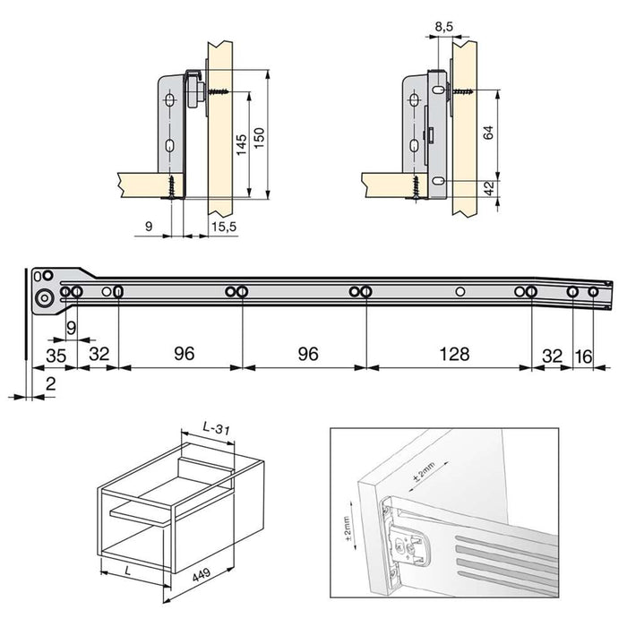 10er Satz Küchenschubladen Ultrabox, H 150mm, T 450mm, Stahl, Metallic Grau