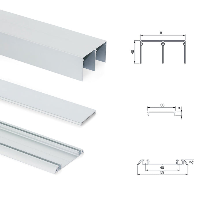 Set aus Hardware set Placard 81 2-schiebig sanft Schliessend Kleiderschrank, Sharp Profil, Dicke 16mm, Paneele nicht inbegriffen, Matt eloxiert