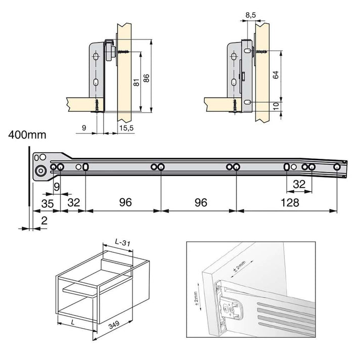 10er Satz Küchenschubladen Ultrabox, H 86mm, T 400mm, Stahl, Metallic Grau