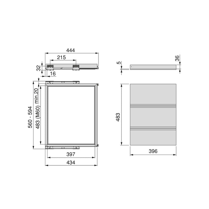 Set aus Tray- Gleitrahmen set sanfter Schließung Schränke, verstellbar, Modul 600mm, Steingrau