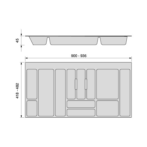 Besteckeinsatz Optima Universalschublade, Modul 1.000mm, Kunststoff, Grau