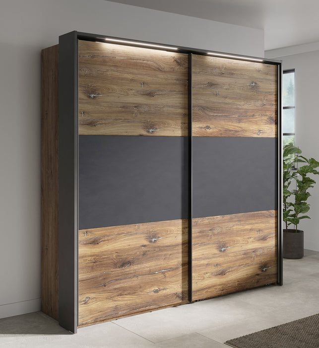 Hometrend | VENUSIA 302SX Kleiderschrank | mit Passepartout | inkl.LED | Flagstaff Eiche/Matera / Flagstaf Eiche