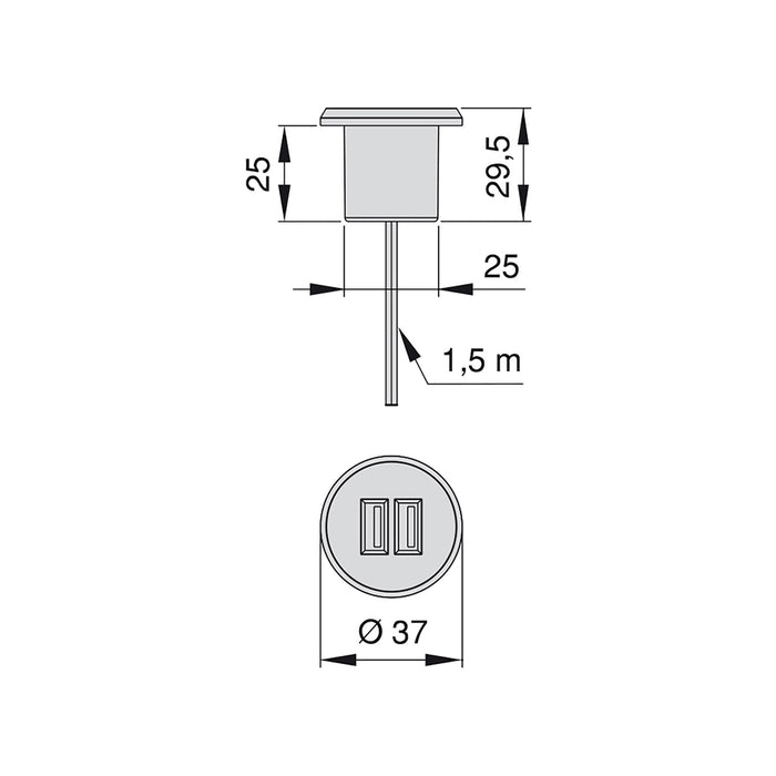 Set aus Plugy USB Verbinder Set, inklusive Konverter 2 USB Typ A, 25mm Durchmesser, Kunststoff, Grau Metallic, den Einbau in Möbel