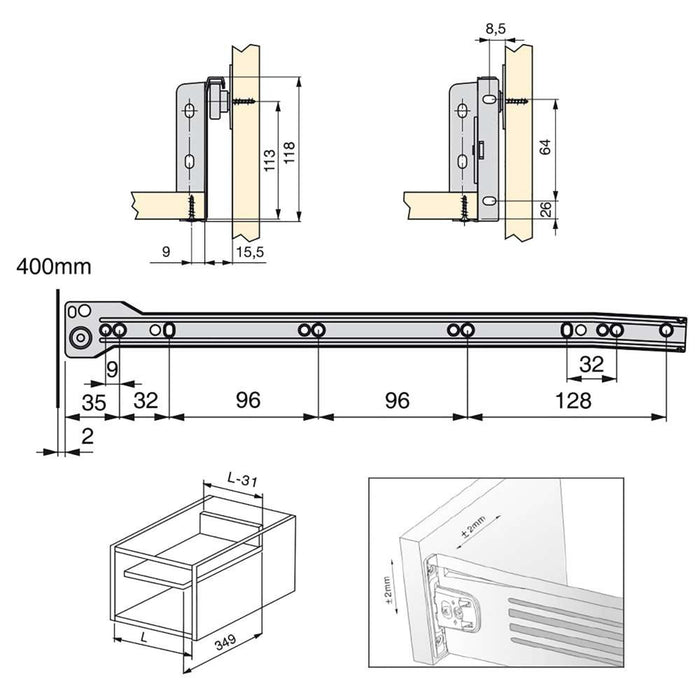 10er Satz Küchenschubladen Ultrabox, H 118mm, T 400mm, Stahl, Metallic Grau