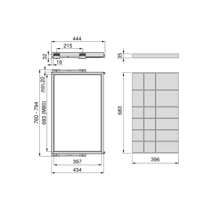 Set aus Organiser Schubladenset Soft-Close-Auszugsrahmen Kleiderschränke, verstellbar, Modul 800mm, Steingrau