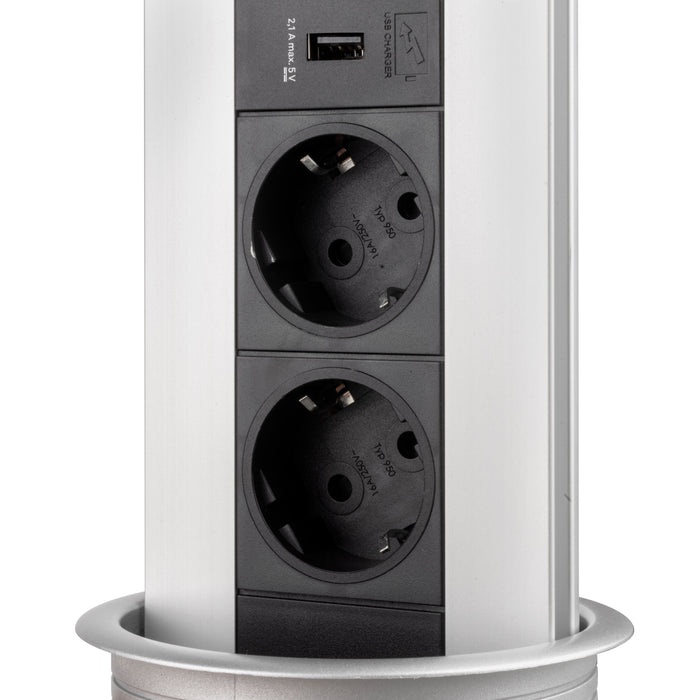 abnehmbarer Multistecker Port USB, Durchmesser 100mm, 2 Schuko-Stecker, 1 USB Typ A, Kunststoff Aluminium, Metallic Grau