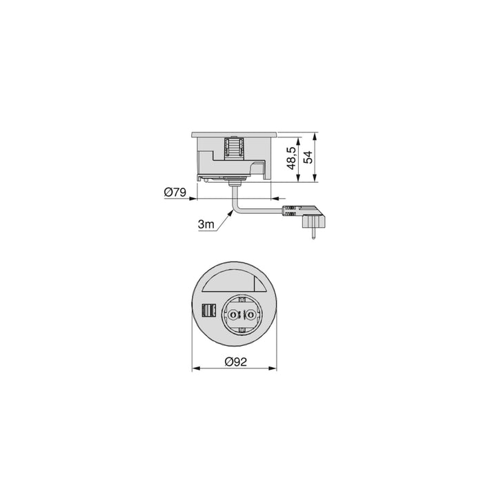 Multistecker Circle 80, Durchmesser 80mm, 1 x Schuko-Stecker, 1 x USB Typ A, 1 x USB Typ C, Kunststoff, Schwarz lackiert