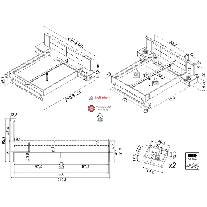 Hometrend | MELIKA 16NX Bett |  160x200 mit Nako-Set | inkl. LED | Schwarz/Dekor Lamellen Artisan Eiche / Artisan Eiche