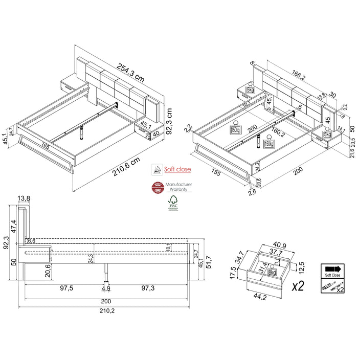 Hometrend | VENUSIA 16NX Bett |  160x200 3-teilig mit Nako-Set | inkl. LED | Flagstaff Eiche/Matera / Flagstaff Eiche