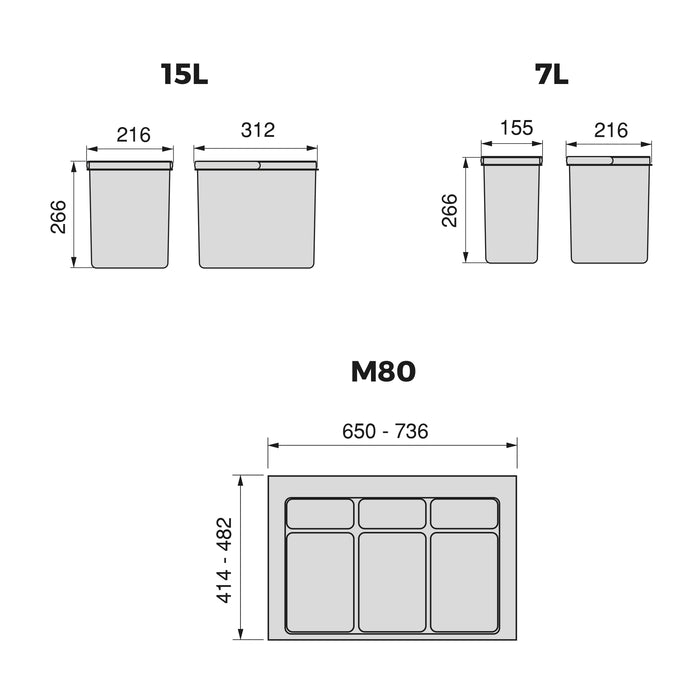 Lot Recyclingbehälter Küchenschublade Boden H 266mm, 2x15Liter, 2x7Liter, Modul 800mm, Kunststoff Anthrazitgrau