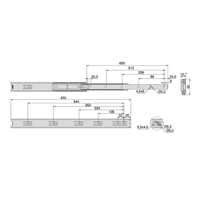 Satz kugelgelagerter Korpusschienen Schubladen Vollauszug, H 45mm, L650mm, Stahl, Verzinkt