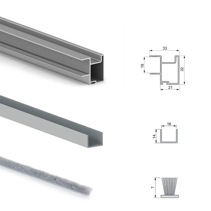 Set aus Beschlagset Placard 81 2 Schiebetüren Schrank sanftem Schliessen, Ts Profil, 18mm stark, Paneele nicht inbegriffen, Matt eloxiert