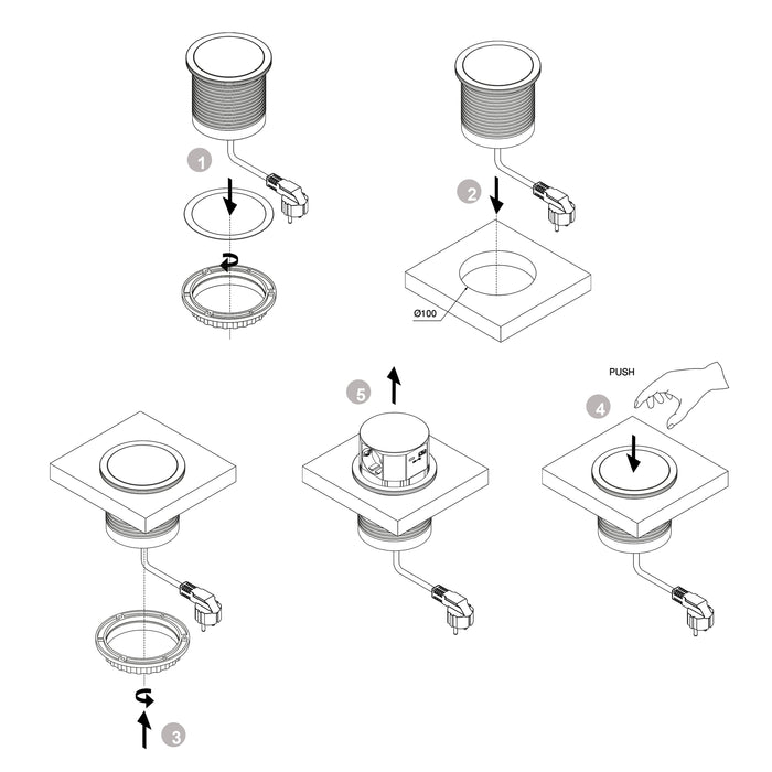 Vertikal Push abnehmbare Mehrfachsteckdose durchmesser 100mm, 3 Schuko-Stecker, 1 USB Typ A, 1 USB Typ C, Stahl Kunststoff, Grau metallic