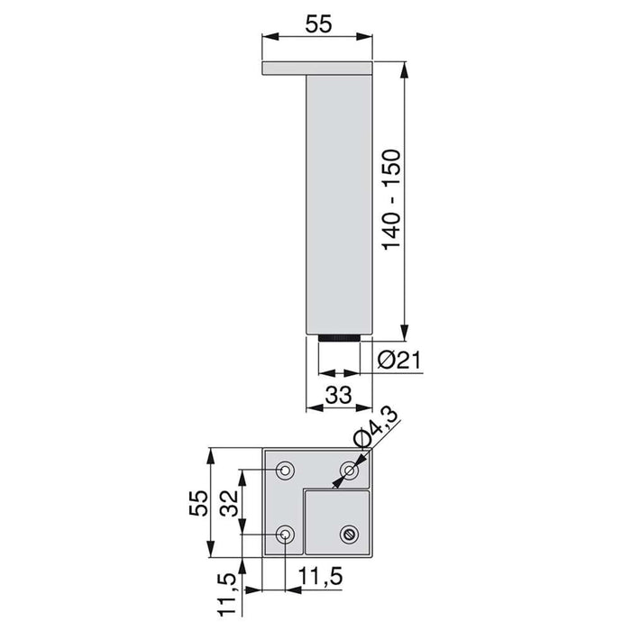 Lot von 4 Möbel Nivellierer Smartfeet, Ecke, regulierbar 140-150mm, Kunststoff, Verchromt