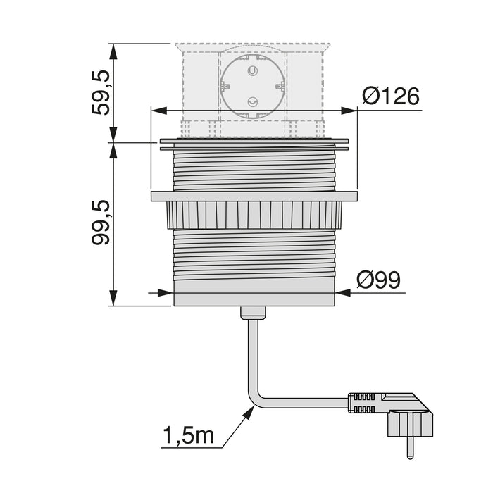 Vertikal Push abnehmbare Mehrfachsteckdose durchmesser 100mm, 3 Schuko-Stecker, 1 USB Typ A, 1 USB Typ C, Stahl Kunststoff, Schwarz