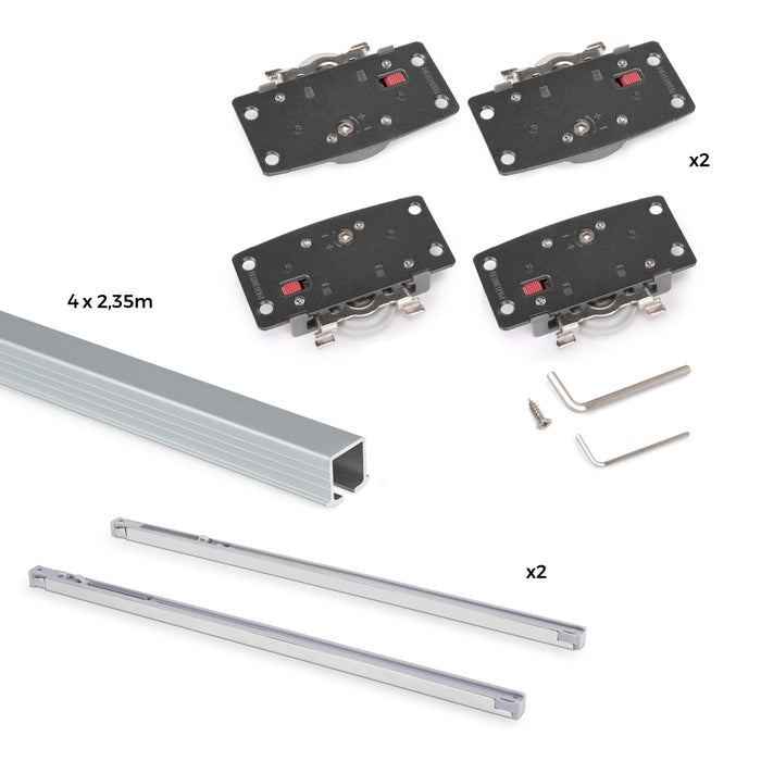 Set aus Set Flow2 2 Schiebetüren Schrank sanftem Schließen eingelassenen Schienen 2,35 m, ohne Platten, Matt eloxiert