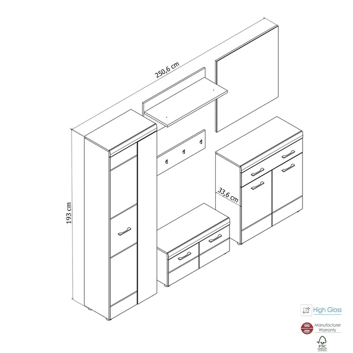 Hometrend | LIRO VA Garderoben Set 5-teilig Front:Weiß MDF HG TG mit Spiegel/Korpus:Dekor Artisan Eiche