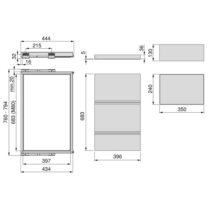 Set aus Tray set, 2 Organisationskörbe Soft-Close-Führungsrahmen Kleiderschränke, verstellbar, Modul 800mm, Steingrau