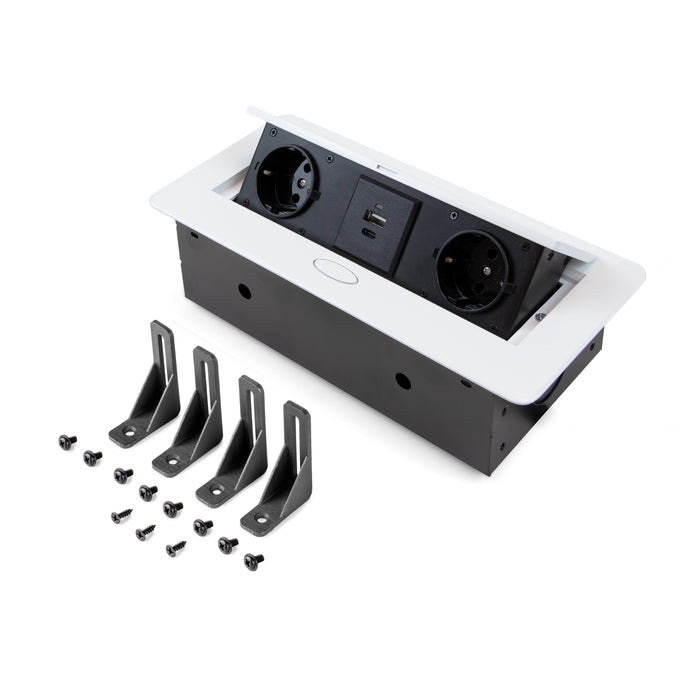 Desktop-Multistecker Atom 26 Lite, 225x111mm, 2 Schukosteckdosen, 1 USB Typ A, 1 USB Typ C, Zamak-Stahl-Kunststoff, Weiß