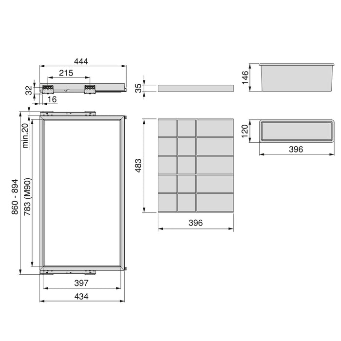 Set aus Organizer Schubladenset, Hilfsablage Soft-Close-Führungsrahmen Kleiderschränke, verstellbar, Modul 900mm, Steingrau