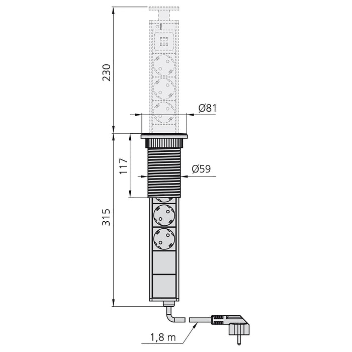 abnehmbarer Multistecker Vertikal, 3 x Schuko-Stecker, 2 x USB Typ A, Kunststoff Aluminium, Weiß metallic