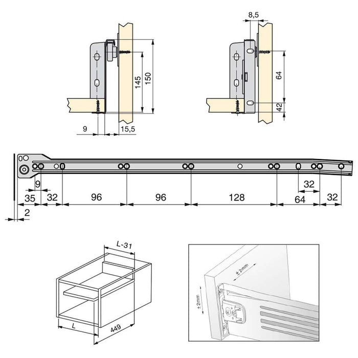 10er Satz Küchenschubladen Ultrabox, H 150mm, T 500mm, Stahl, Metallic Grau