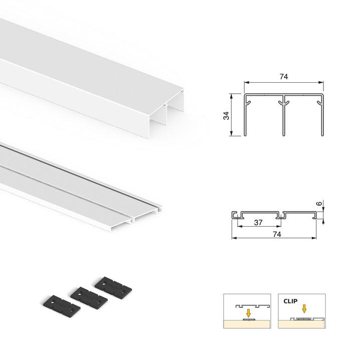 Set aus Beschlagset 2 Schiebetüren sanftes Schließen des Kleiderschranks Placard 74, Wellenprofil, Stärke 16 mm, Paneele nicht inbegriffen, Weiß lackiert