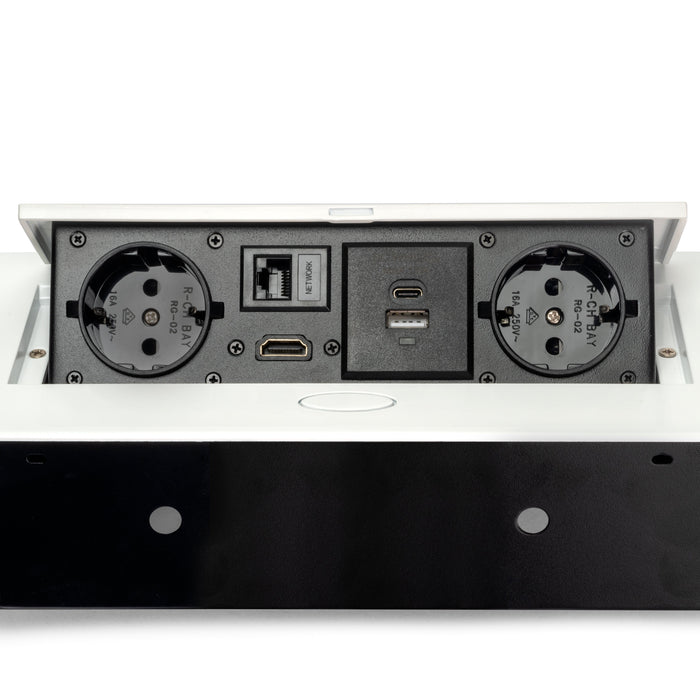 Multistecker Atom 26, 225x111mm, 2 Schuko-Stecker, 1 USB Typ A, 1 USB Typ C, 1 RJ45, 1 HDMI, Zamak-Stahl-Kunststoff, Weiß