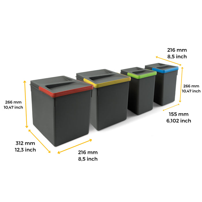 Lot Recyclingbehälter Küchenschublade, H 266mm, 2x15l, 2x7l, Kunststoff anthrazitgrau