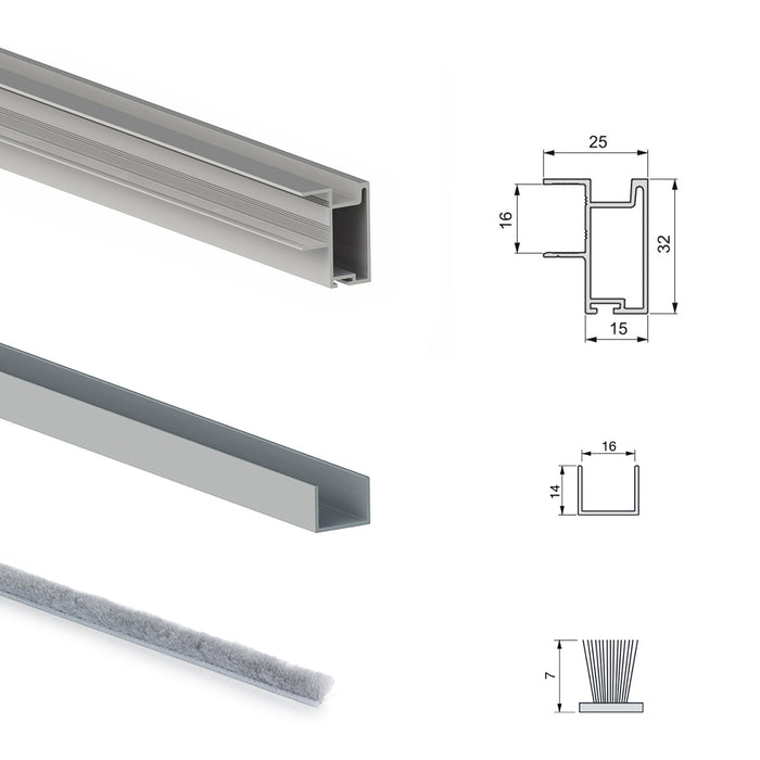 Set aus Hardware set Placard 81 2-schiebig sanft Schliessend Kleiderschrank, Sharp Profil, Dicke 16mm, Paneele nicht inbegriffen, Matt eloxiert