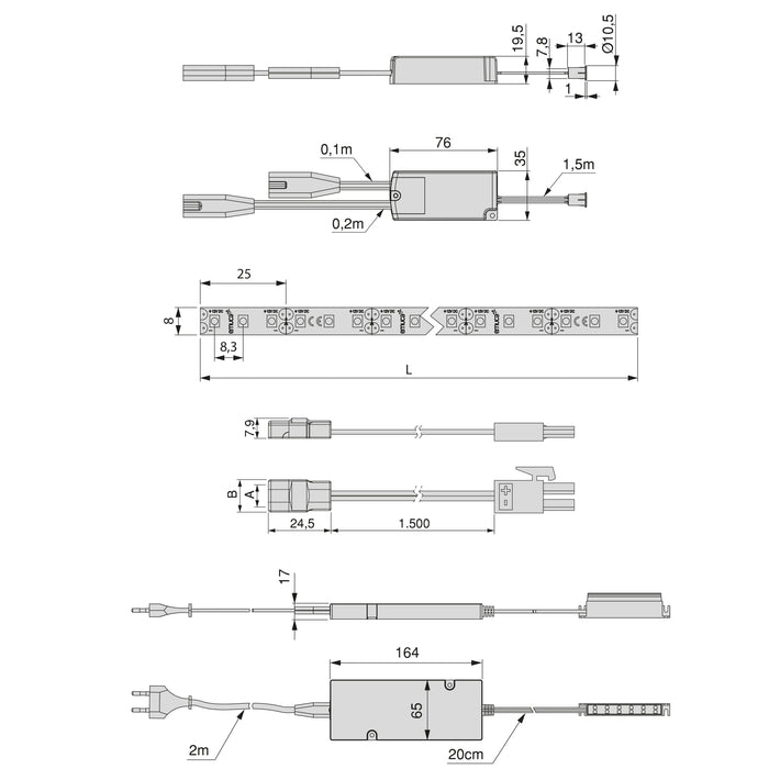 Set aus LED-Leiste Set Lynx Premium 9.6W/m IP20, L 5m, 12V DC Konverter, Kabel DOOR (Näherungssensoren), Kunststoff