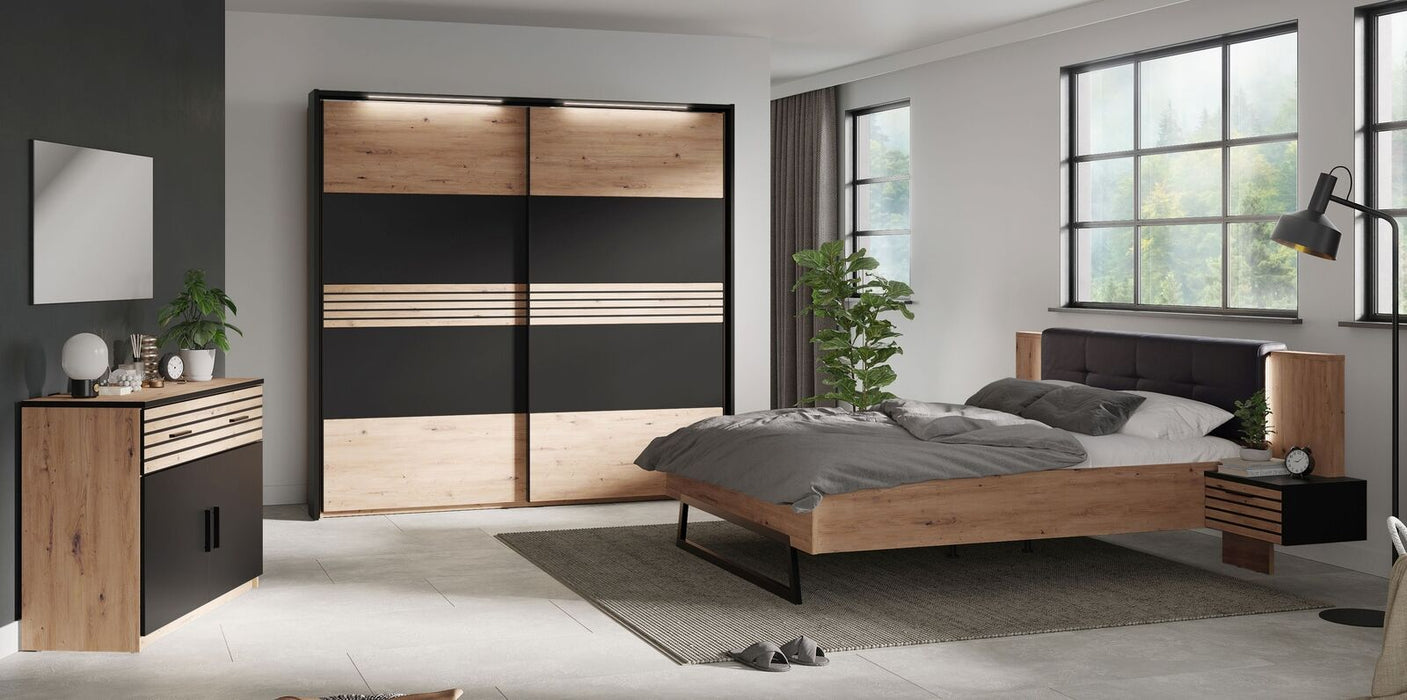 Hometrend | MELIKA 16NX Bett |  160x200 mit Nako-Set | inkl. LED | Schwarz/Dekor Lamellen Artisan Eiche / Artisan Eiche