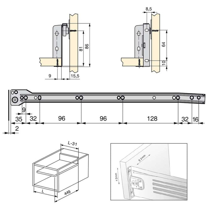 10er Satz Küchenschubladen Ultrabox, H 86mm, T 450mm, Stahl, Metallic Grau