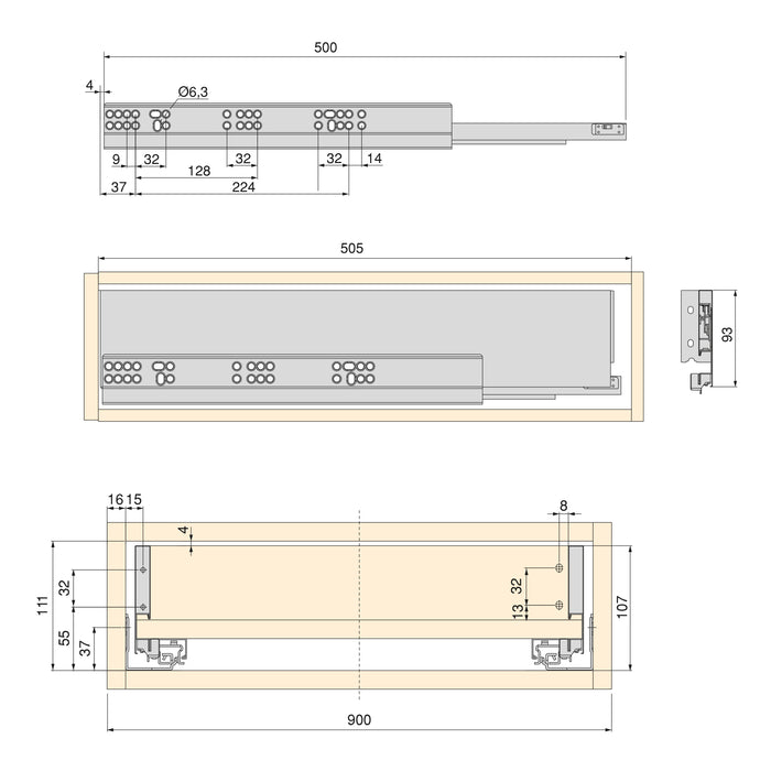 Schubladegarnitur Vertex Küche oder Badezimmer, 93 mm hoch, Einlegeböden, Modul 900 mm, Anthrazitgrau