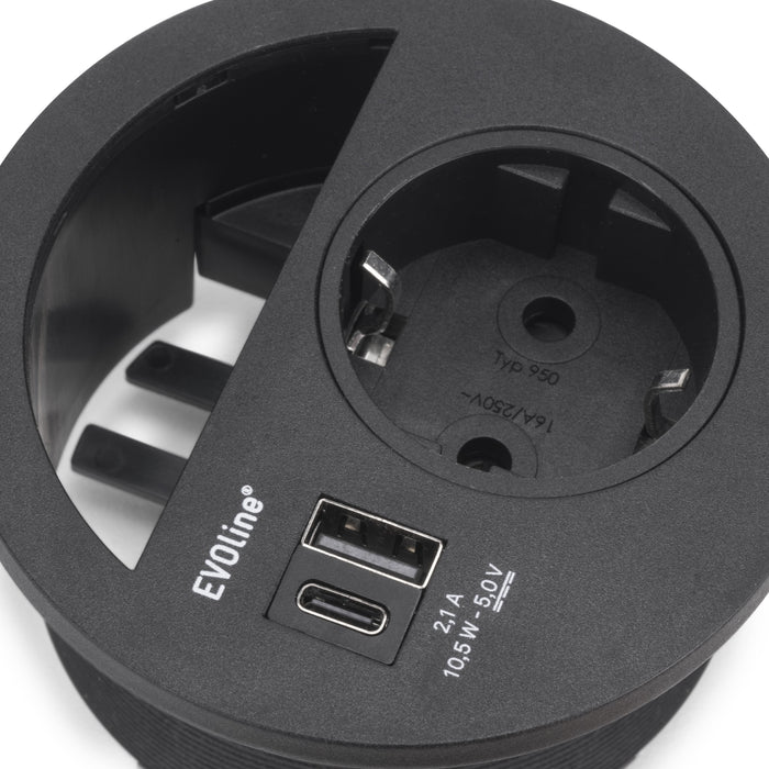 Multistecker Circle 80, Durchmesser 80mm, 1 x Schuko-Stecker, 1 x USB Typ A, 1 x USB Typ C, Kunststoff, Schwarz lackiert